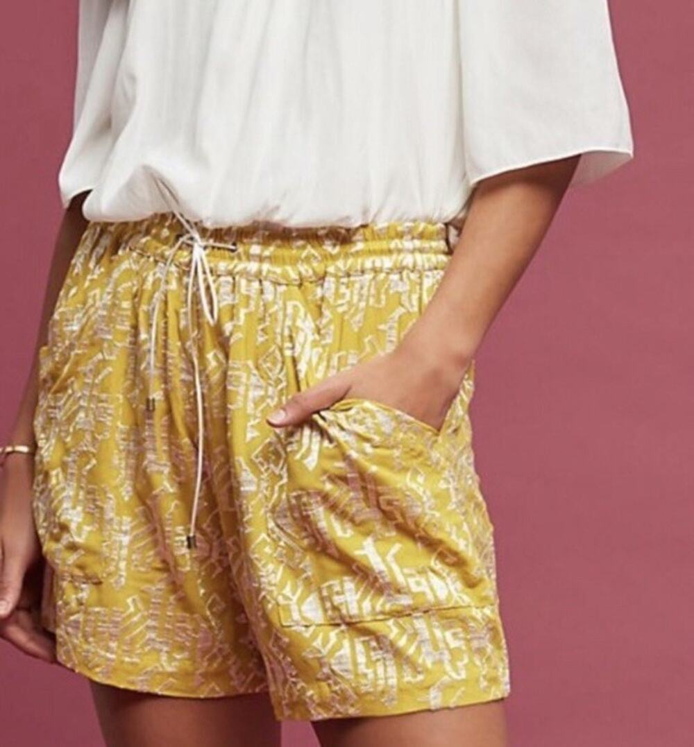 Anthropologie Elevenses Melora Embroidered Yellow Pull On Shorts Size Small